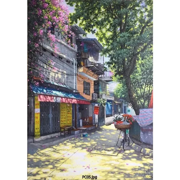 (NEW) Tranh in vải Hà Nội cũ 60x90cm - Tranh in vải canvas, đủ khung và đinh treo tranh