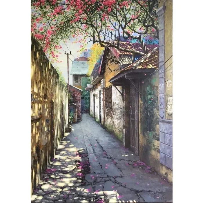 (NEW) Tranh in vải Hà Nội cũ 60x90cm - Tranh in vải canvas, đủ khung và đinh treo tranh