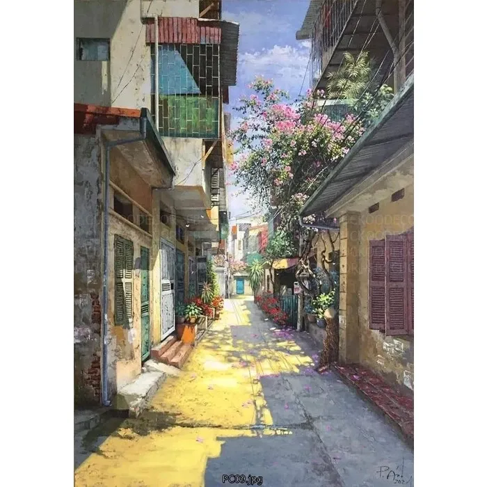 (NEW) Tranh in vải Hà Nội cũ 60x90cm - Tranh in vải canvas, đủ khung và đinh treo tranh