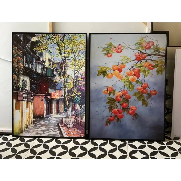 (new) tranh quả hồng, phố cũ 50x70cm đủ khung