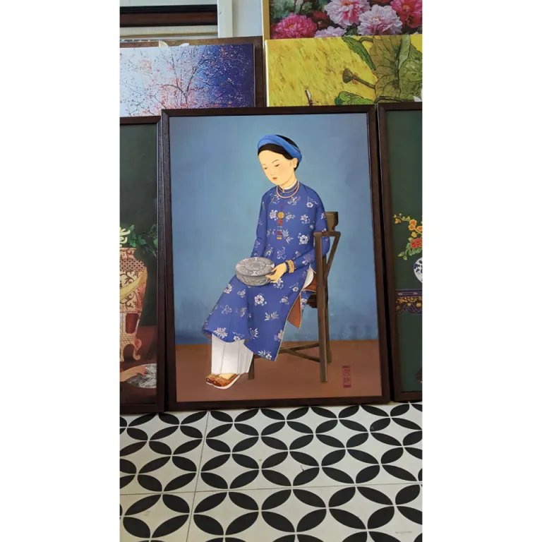 (NEW)indochina1 KT 50x70cm tranh in vải canvas hình cô gái ĐÔng Dương- đủ khung và đinh treo