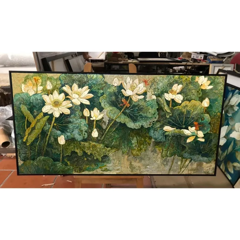 Tranh canvas hoa sen, kt 60x120cm, đủ khung và đinh treo