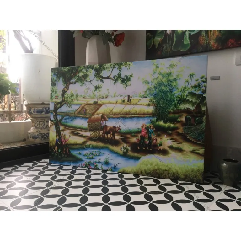 Tranh Làng Quê Việt Nam,50x70cm, căng xacsxi tràn viền Chất Liệu in vải canvas