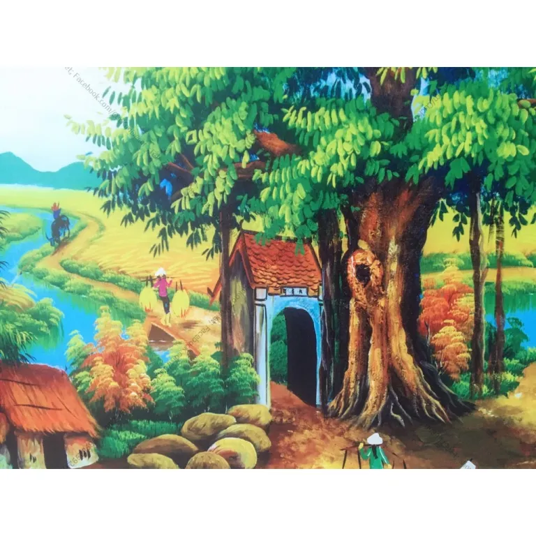 Tranh Làng Quê Việt Nam,50x70cm, căng xacsxi tràn viền Chất Liệu in vải canvas