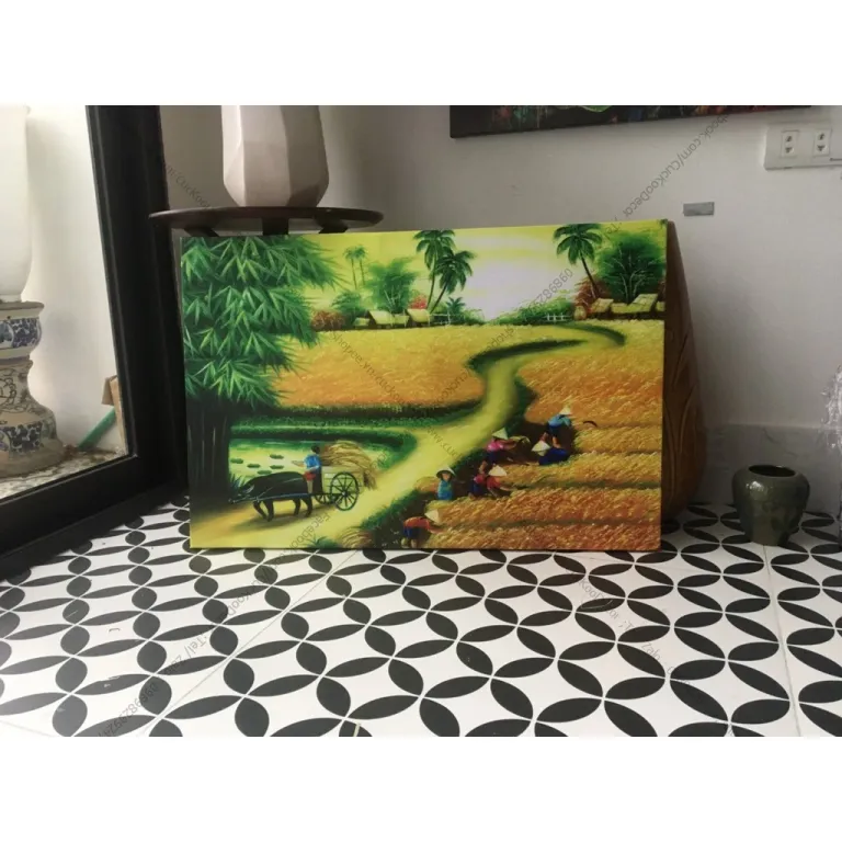 Tranh Làng Quê Việt Nam,50x70cm, căng xacsxi tràn viền Chất Liệu in vải canvas