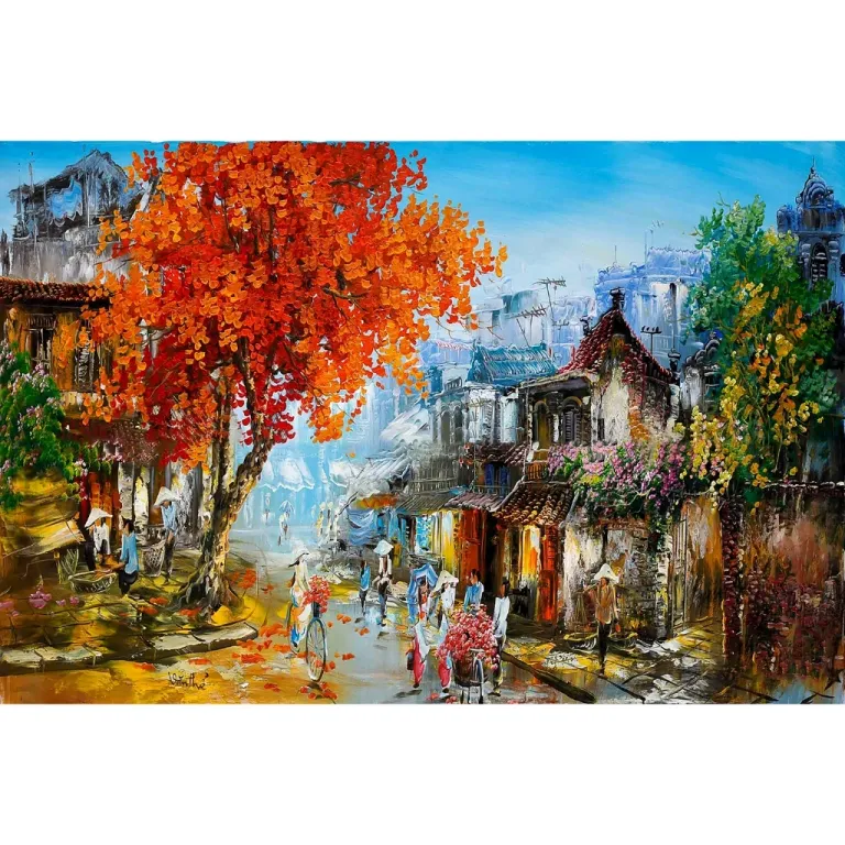 Tranh Phố cổ, in vải canvas đủ khung và đinh treo, kt 60x90cm