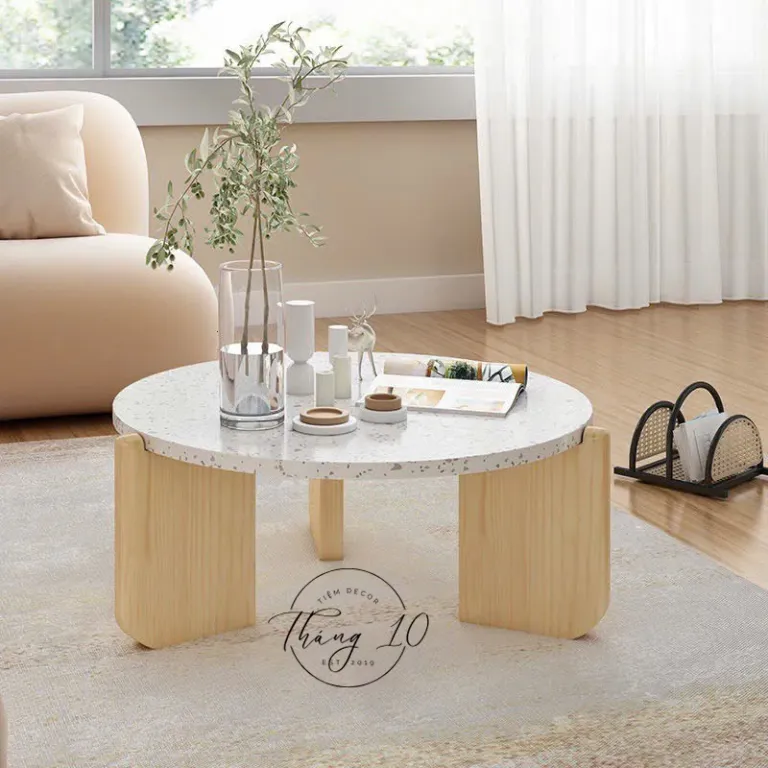 BÀN SOFA 3 CHÂN GỖ, MẶT ĐÁ TERRAZZO